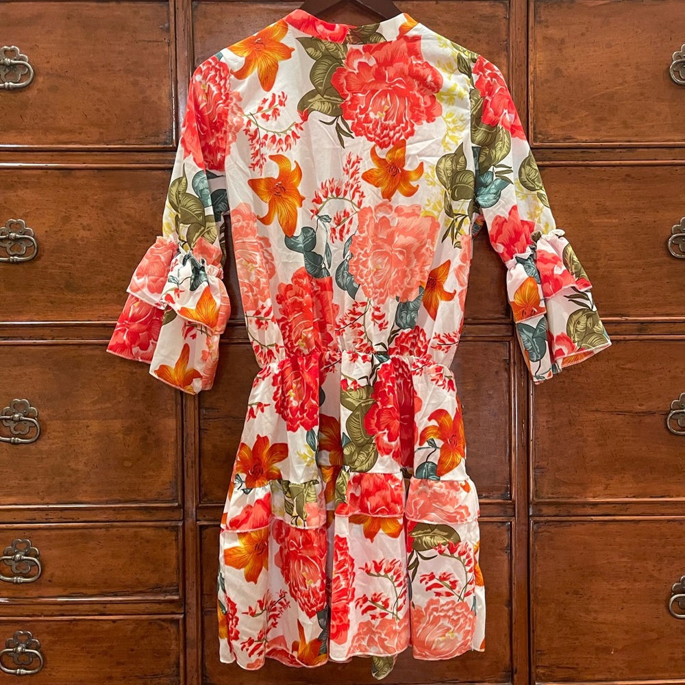 Mock neck, 3/4 ruffled sleeve sundress.